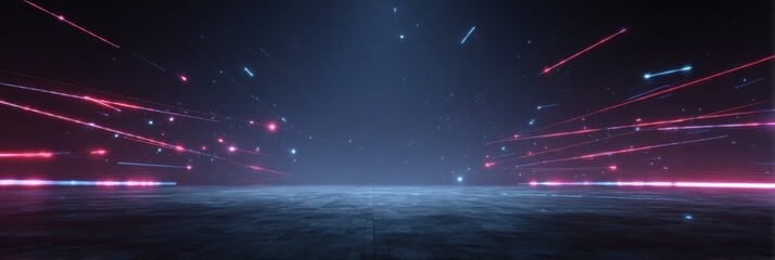 Futuristic neon lights in vast digital space with fast motion trails