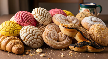 Assorted colorful bread rolls and pastries on wooden table  