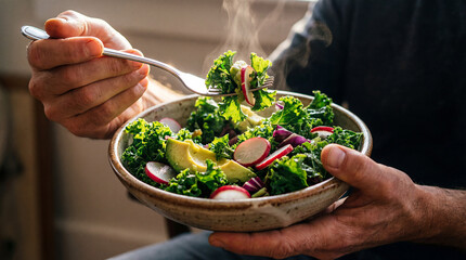Man eating a healthy kale and avocado salad with a fork. Fresh green vegetable meal in a rustic bowl. Concept for weight loss and nutrition