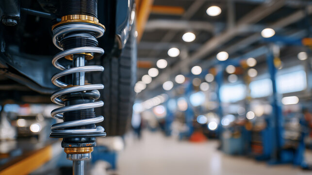 Detailed view of modern car suspension, coil spring and damper assembly in focus, blurred garage tools and floor behind, lighting emphasizing precision and durability