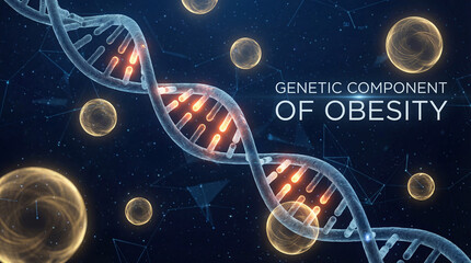 Genetic component of obesity concept with DNA strand and fat cells. Scientific 3D illustration of double helix and lipid droplets on blue background. Medical research banner