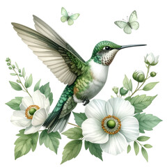 Obraz premium Hummingbird's Paradise: A vibrant hummingbird hovers gracefully amidst delicate white blossoms, as butterflies flutter gently around, celebrating the beauty of nature's delicate design.