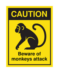 Professional Beware of Monkeys Attack Caution Sign - High Contrast Yellow and Black Primate Warning Vector