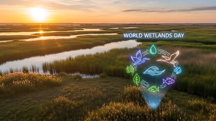 World wetlands day celebration with glowing light bulb over serene wetland landscape at sunset