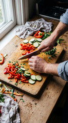 Person slicing fresh vegetables on a wooden cutting board. Healthy meal preparation with zucchini and red peppers. World obesity day concept for balanced diet