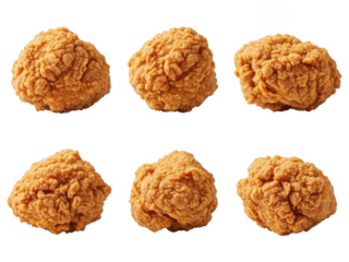 Six golden fried chicken bites isolated on transparent background
