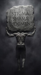 Muscular man carrying a heavy stone engraved with stigma shame and judgment. Conceptual image of psychological burden and mental health struggle. Strong male figure lifting societal weight
