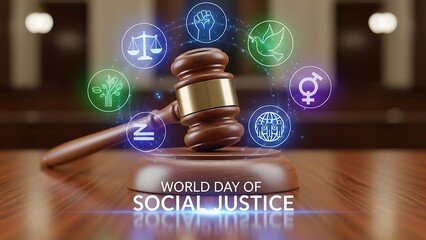 Gavel and icons on a wooden desk for world day of social justice