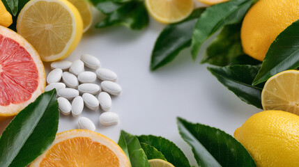 Modern supplement advertising scene, vitamin C tablets centered on white with oranges, grapefruit, and lemons framing the shot, high clarity, sharp focus, clean commercial style