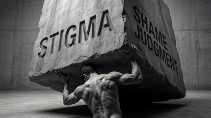 Man carrying heavy stone block with stigma shame and judgment engravings. Conceptual image of psychological burden and social pressure. Muscular man lifting massive rock in dramatic light