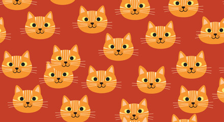 Fun and repeating pattern of orange cat heads with friendly expressions and white whiskers set against a solid deep red background.