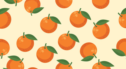 Obraz premium Lush and fresh seamless pattern of whole oranges with green leaves and stems scattered across a light beige or cream colored background.
