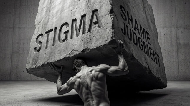 Man carrying heavy stone block with stigma shame and judgment engravings. Conceptual image of psychological burden and social pressure. Muscular man lifting massive rock in dramatic light