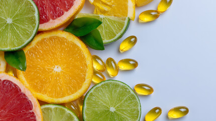 Bright wellness flat lay, scattered vitamin C tablets surrounded by citrus fruits in various cuts, pure white background, soft daylight look, health and immunity support theme