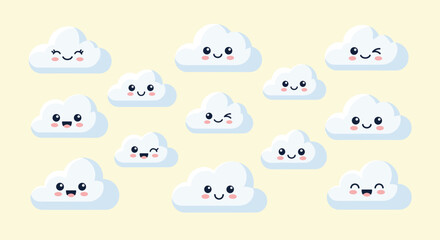 Fototapeta premium Collection of many cute white clouds with various happy facial expressions arranged on a soft yellow background in a playful style.