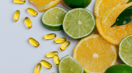 Bright wellness flat lay, scattered vitamin C tablets surrounded by citrus fruits in various cuts, pure white background, soft daylight look, health and immunity support theme