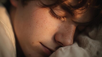 Close-up of a young woman's face. she appears to be sleeping, with her eyes closed and her head resting on a white pillow. her face is covered by a white blanket, and her skin is pale and freckled.