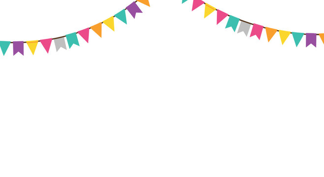 Colorful festive bunting flags hanging in two rows at the top of a plain white background perfect for party and celebration designs.