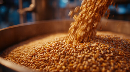 Macro-focused grain stream, thousands of golden kernels tumbling into a brushed steel container, shallow depth of field, soft industrial backlighting emphasizing texture and moveme
