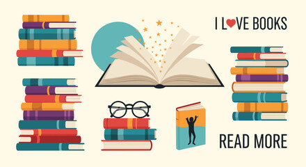 Collection of book related illustrations featuring stacks of books an open book glasses and inspirational reading slogans.
