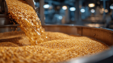 Modern grain processing facility, continuous stream of golden grains pouring into a cylindrical metal vat, overhead industrial lights reflecting on steel, efficiency and food produ