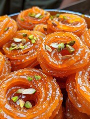 Traditional Jalebi Sweets Garnished with Pistachio Close-Up