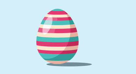 Single colorful Easter egg decorated with pink blue and cream horizontal stripes on a light blue background for holiday themes.