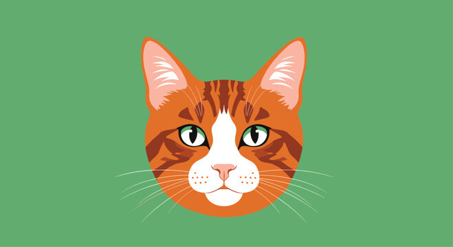 Close up portrait of an orange tabby cat with green eyes and white markings on a solid green background for pet lovers.