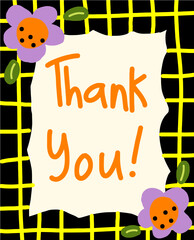Hand-Drawn Thank You Card with Floral and Grid Design