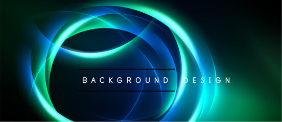 Abstract neon lights create circular design. Dark background emphasizes glowing blue, green elements. Text reads background design.