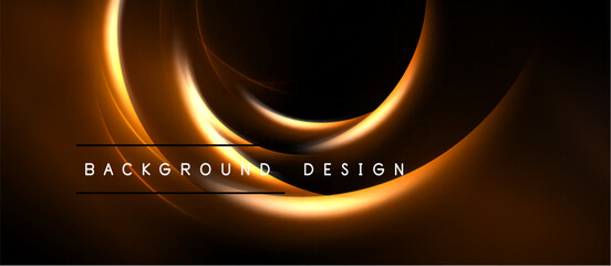 Dark background features glowing orange swirls. Abstract design suggests energy, movement, depth. Text reads background design.