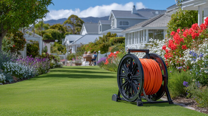 Backyard utility meets lifestyle, bright orange hose reel centered on a green lawn, suburban homes and residents enjoying a sunny day, clean stock photo composition