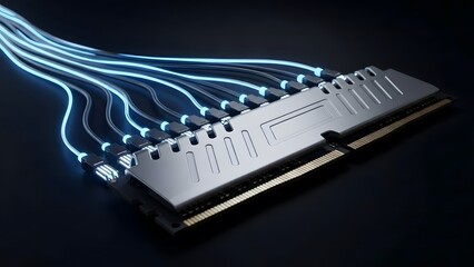 RAM memory module connected to glowing fiber optic cables showing high speed data transfer for AI technology on black background.
