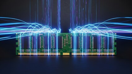 Green RAM memory module with vertical and horizontal glowing blue data lines showing high speed AI processing.

