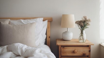 Bedroom scene with a wooden nightstand on the right side of the bed. the nightstand has a small drawer and a white lamp with a beige shade on top.