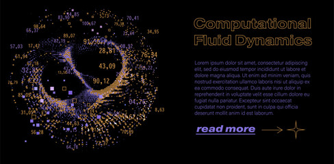 Swirling vortex formed by scattered glowing particles, dots, and squares with floating numerical values. Conceptual vector illustration for computational fluid dynamics, particle simulation.