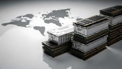 Stacks of RAM memory modules and shipping crates with world map showing global semiconductor supply chain trade.
