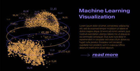 Particles and circles clustered in elliptical orbits with scattered numerical data points.  Conceptual vector illustration for machine learning visualization, dimensionality reduction, clustering.
