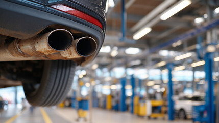 Automotive maintenance inspection scene, rusty exhaust pipe beneath a worn vehicle, suspension components visible nearby, cool industrial lighting highlighting decay