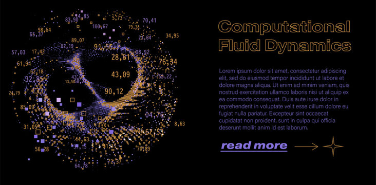 Swirling vortex formed by scattered glowing particles, dots, and squares with floating numerical values. Conceptual vector illustration for computational fluid dynamics, particle simulation.