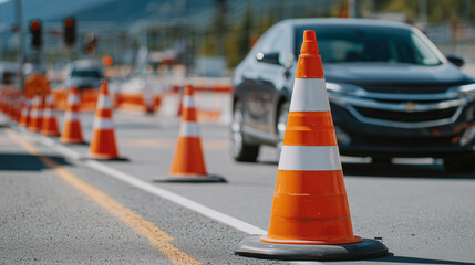 Cinematic parking lot scene, neat row of orange-and-white cones directing traffic, blurred sedan in background, warm afternoon light, emphasizing order and safety