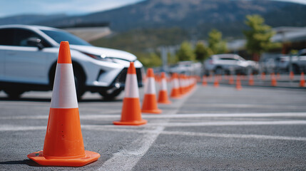 Dynamic angle of traffic cones, diagonal row stretching across parking lot, modern car softly out of focus behind, bright daylight emphasizing contrast and pattern