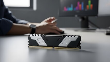 RAM memory module on office desk with blurred IT developer working on data analytics computer screens.
