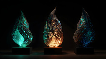 Organic 3D printed sculpture parametric design translucent resin glowing light abstract art modern decor dark background moody ambiance