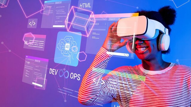 Young woman enjoying virtual reality experience with vibrant technology background showcasing modern software, coding, and data visualization concepts Gluon. - Powered by Adobe