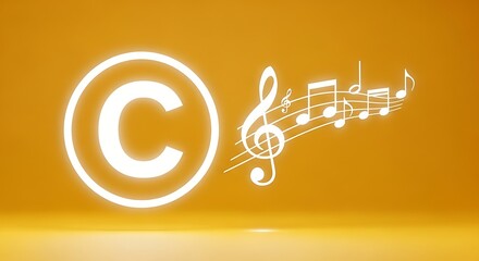 Glowing white copyright symbol juxtaposed against flowing musical notes on an orange background