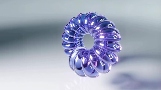 Abstract 3D blue and purple toroidal shape rotating on a smooth surface. Represents modern design, technology, and digital art concepts