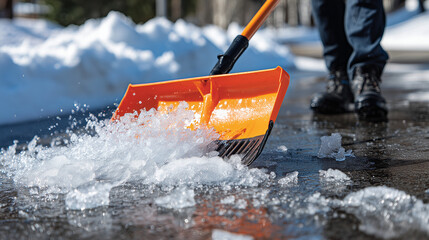 Person clearing melting snow, orange shovel angled mid-scoop, wet asphalt reflecting soft sunlight, texture of icy slush and water clearly visible, dynamic winter action shot