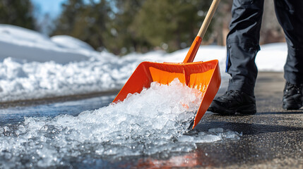 Person clearing melting snow, orange shovel angled mid-scoop, wet asphalt reflecting soft sunlight, texture of icy slush and water clearly visible, dynamic winter action shot