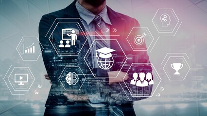 Businessman in Suit Overlooking Cityscape with Technology Icons Representing Education, Networking, and Professional Growth Concepts Gluon.